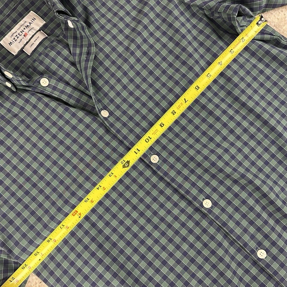 Mizzen‎ Main Shirt Men Large Tall Leeward Gingham Check Slim Poly Blend Green - Picture 4 of 5